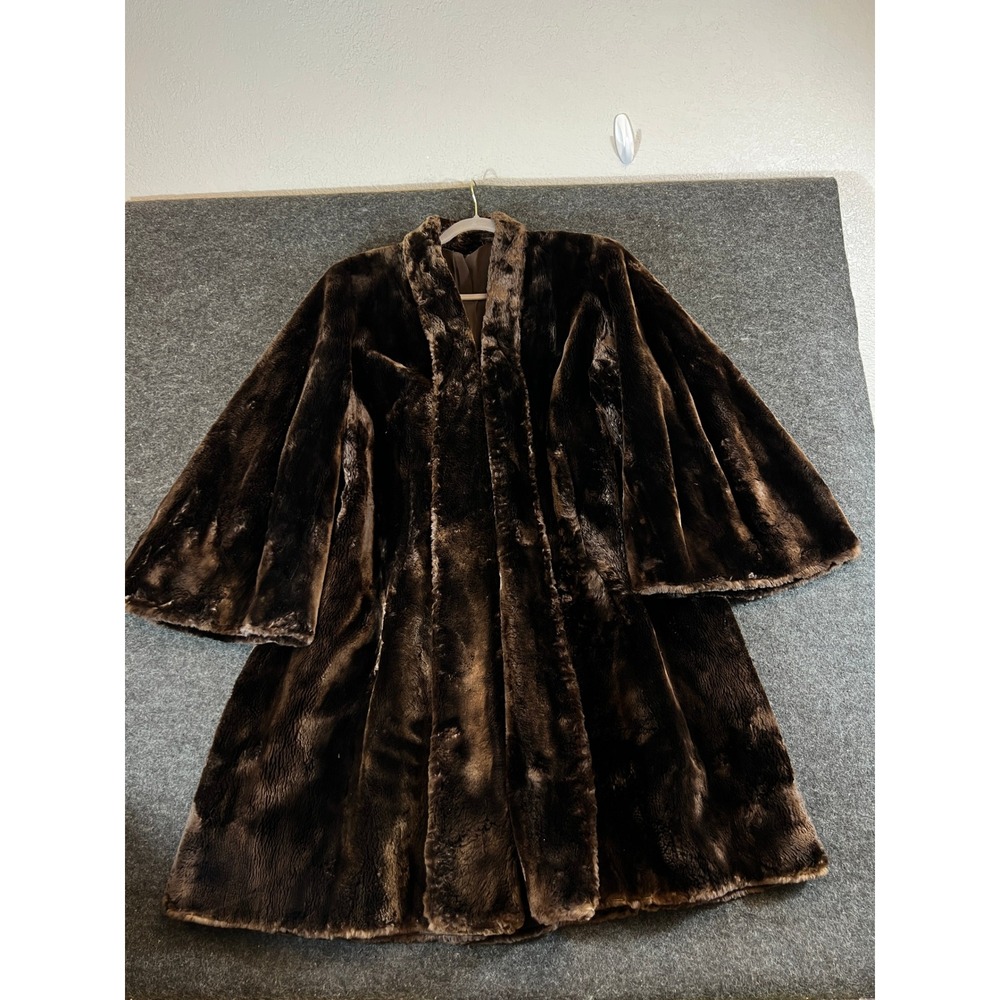 VTG Real Fur Mutton Swing Coat Womens OS Wide Sleeve Mid Length Glam Luxury 60s